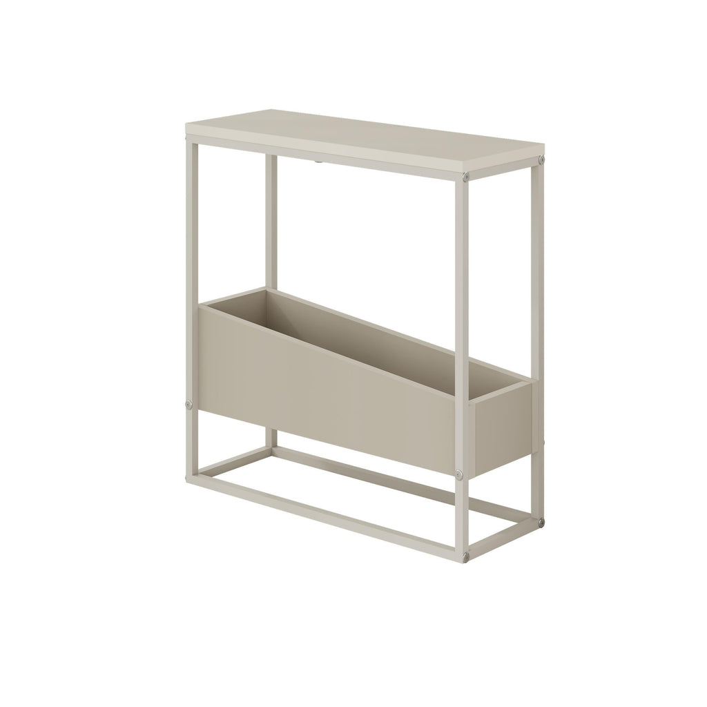 Slim side table with open lower shelf, light frame and two-tier storage