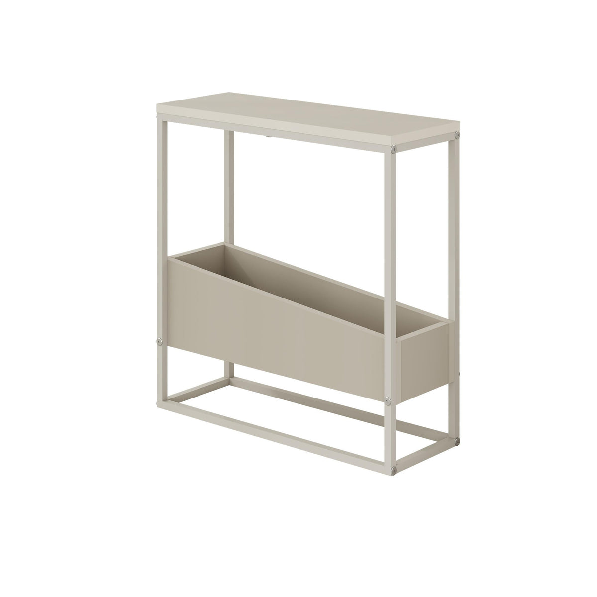 Slim side table with open lower shelf, light frame and two-tier storage