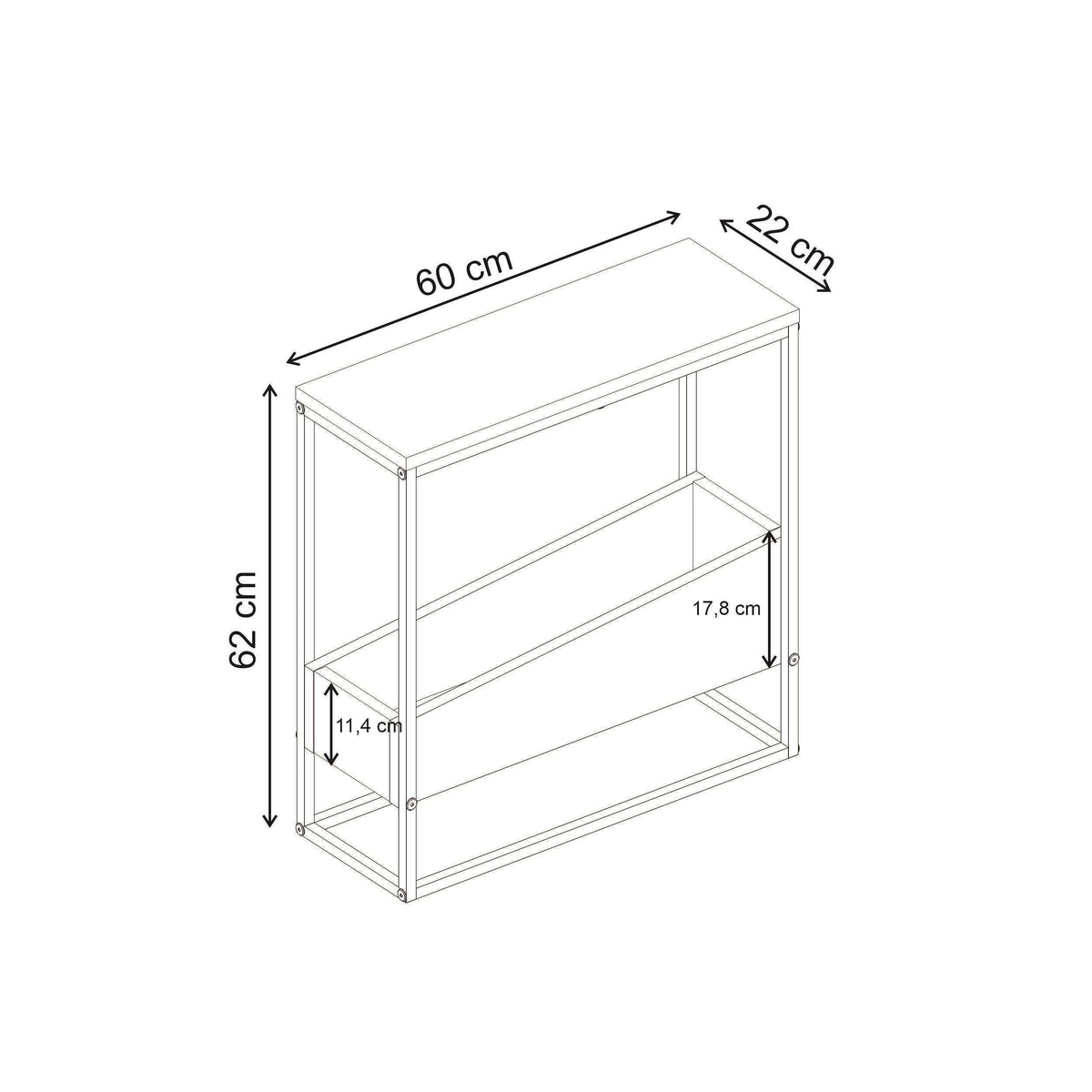 Side table dimensions diagram with 60 cm width and 62 cm height.