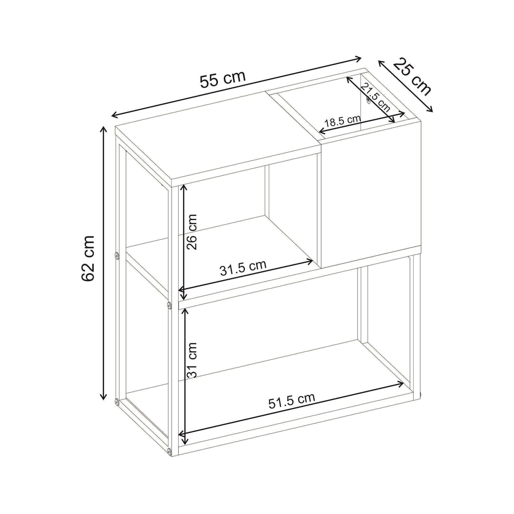 Side table dimensions diagram with two-tier open shelving