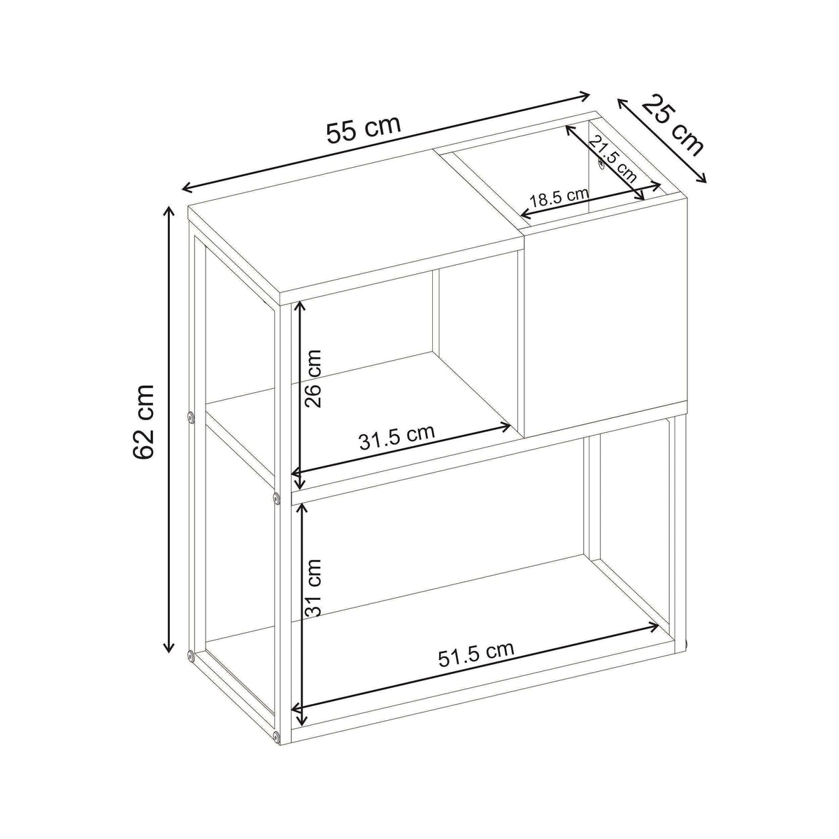 Side table dimensions diagram with two-tier open shelving