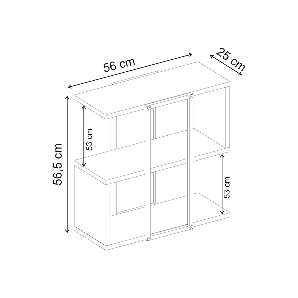 Homia stepped side table layout with open shelves and labeled dimensions