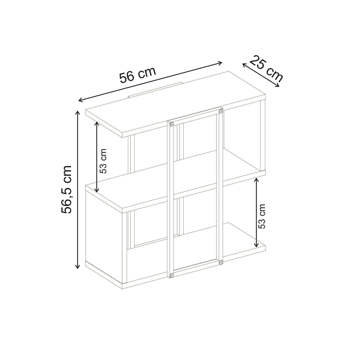 Homia stepped side table layout with open shelves and labeled dimensions