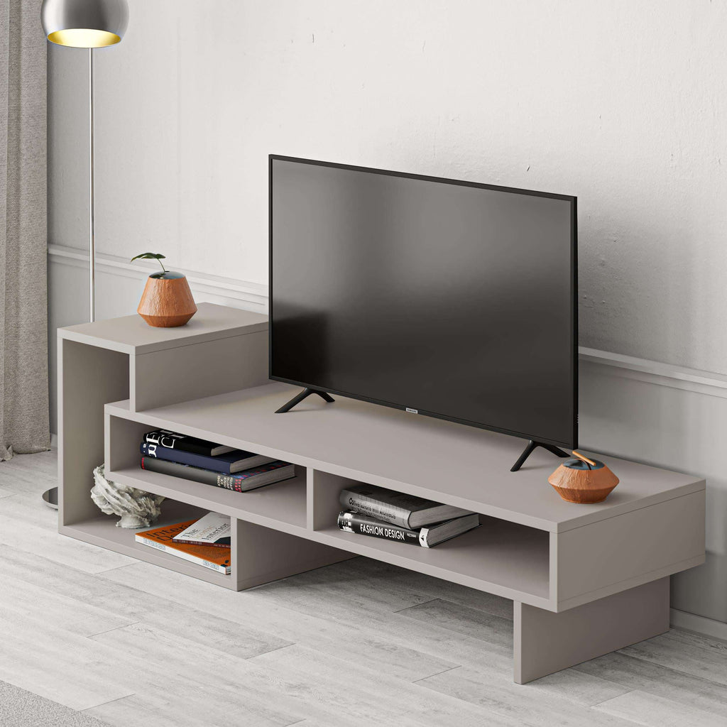 Modern TV stand with open shelves and media compartments, light mocha finish