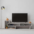 Modern TV stand with open shelves, light grey cabinet and media storage
