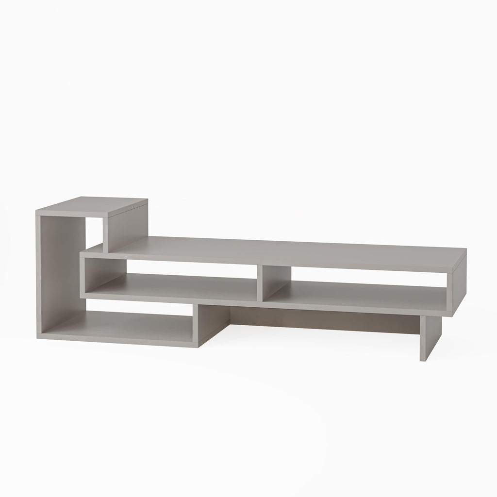 Modern TV stand with open shelving, light grey cabinet with stepped compartments