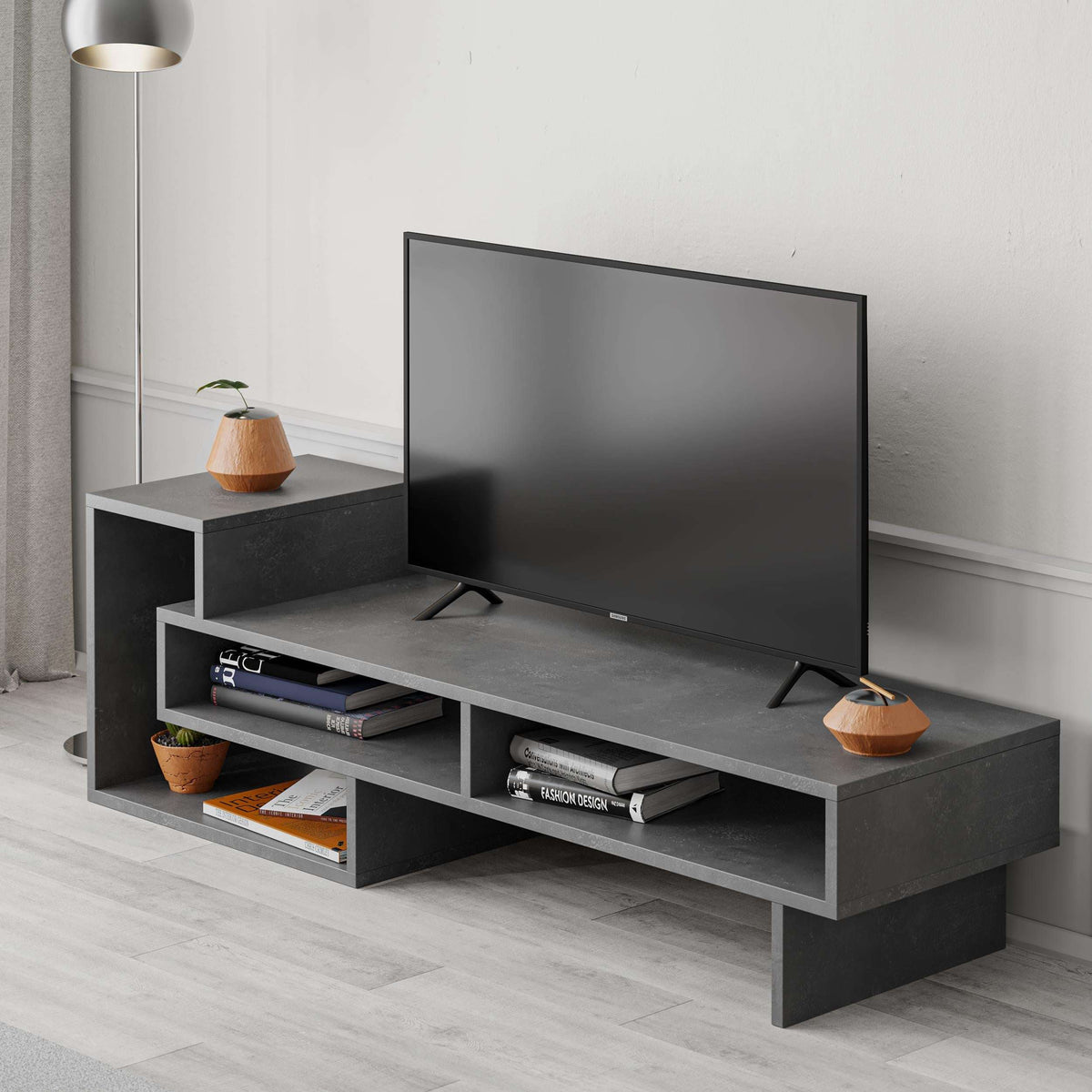 Retro grey modern TV stand with open shelves and TV display