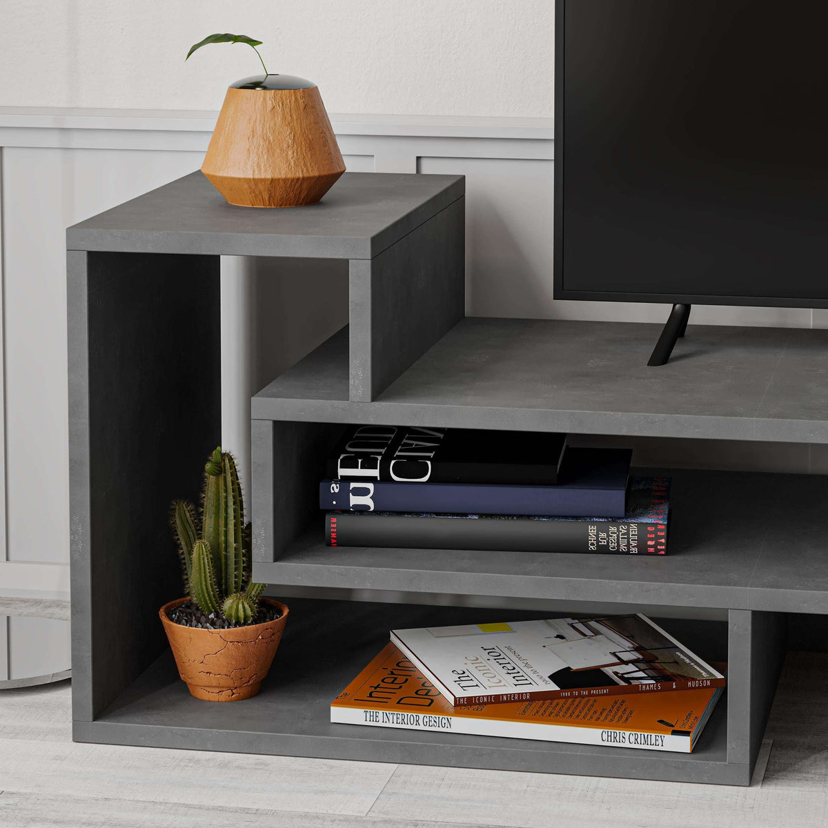 Retro grey TV stand shelf unit with media books and display compartments