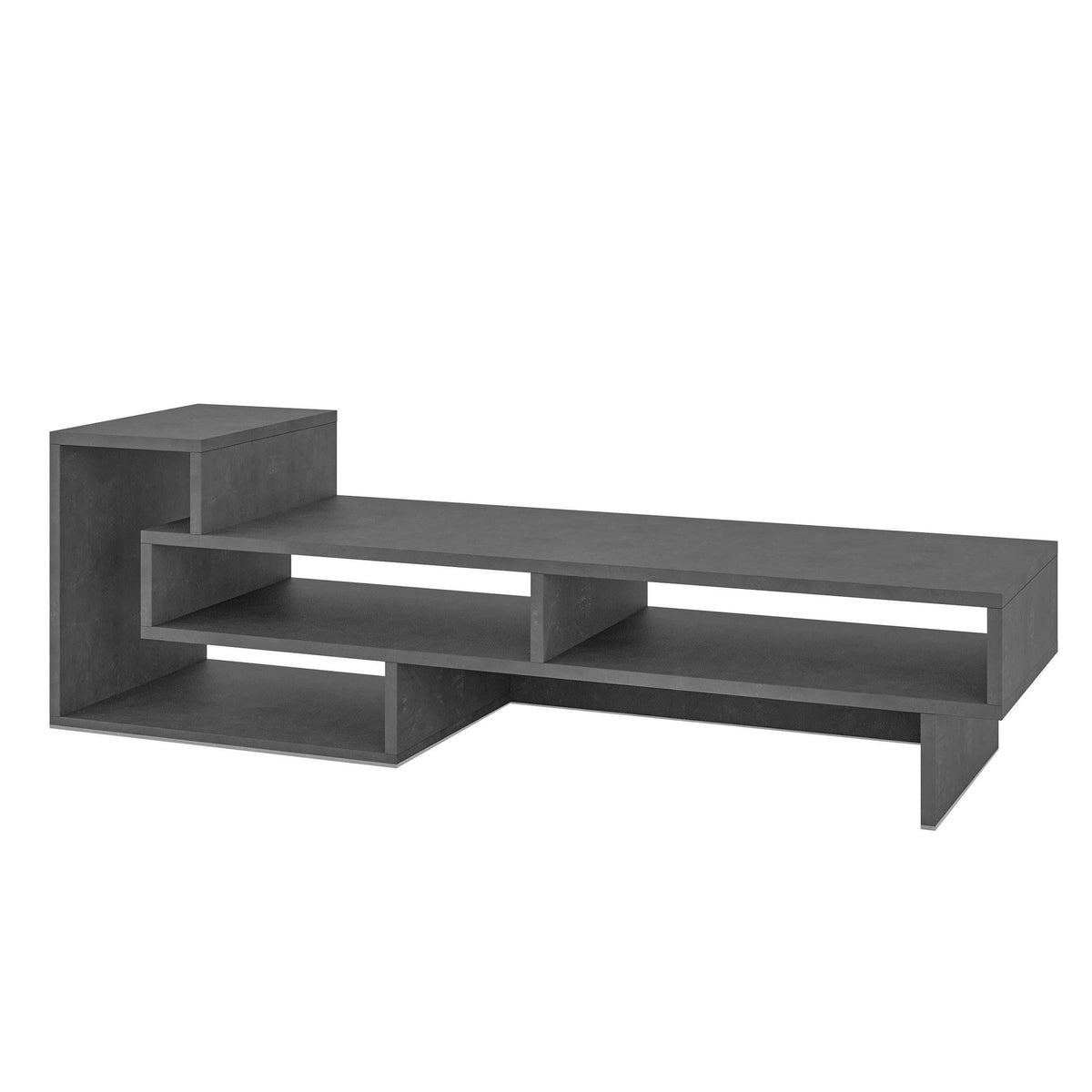 Modern TV stand with open shelving, dark grey cabinet and long top panel