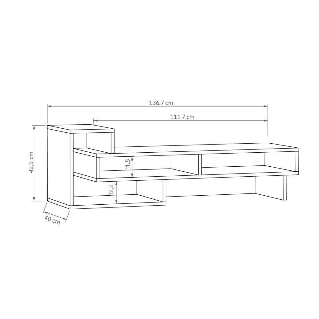 Modern TV stand technical drawing with dimensions