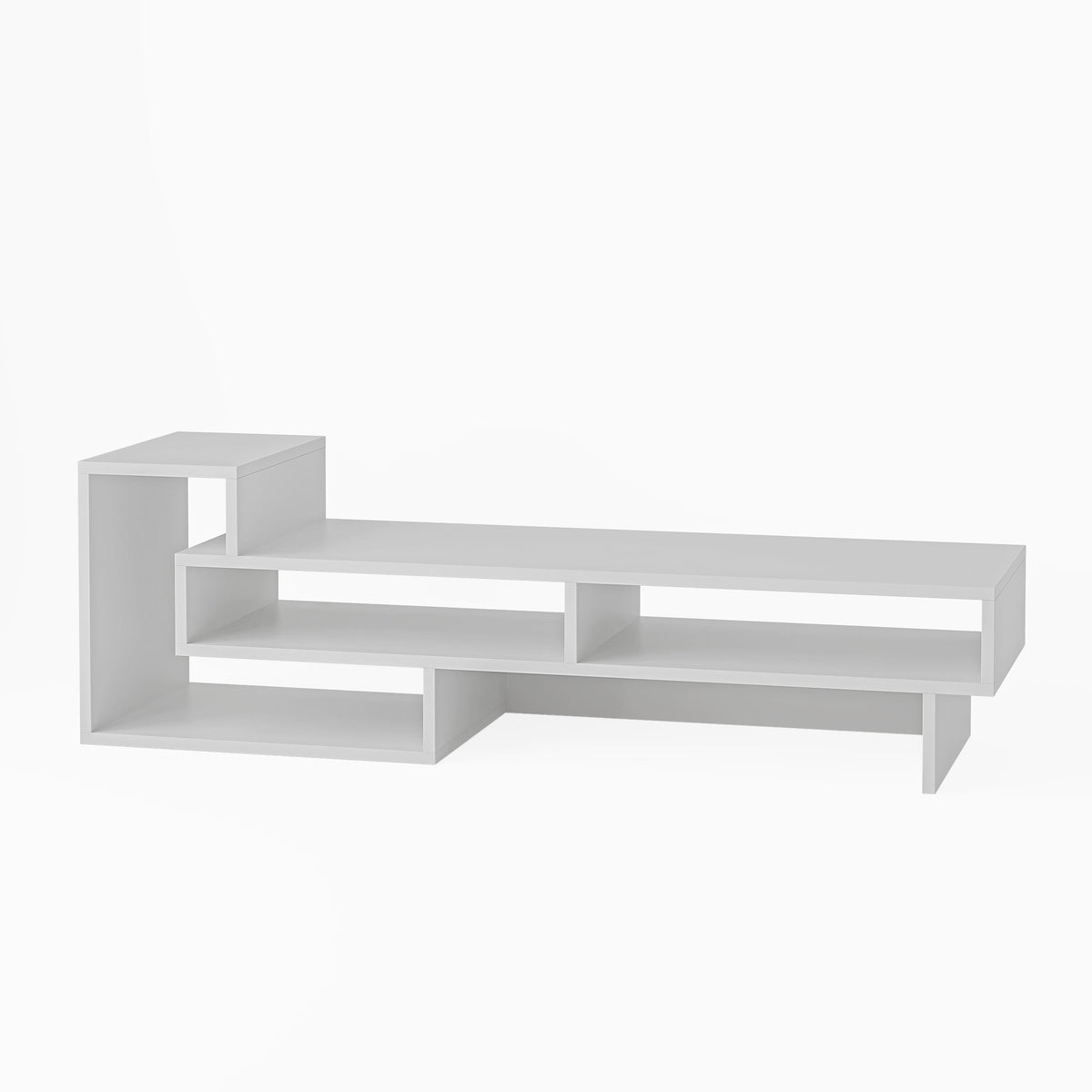 White TV stand with cubby shelves and open media compartments