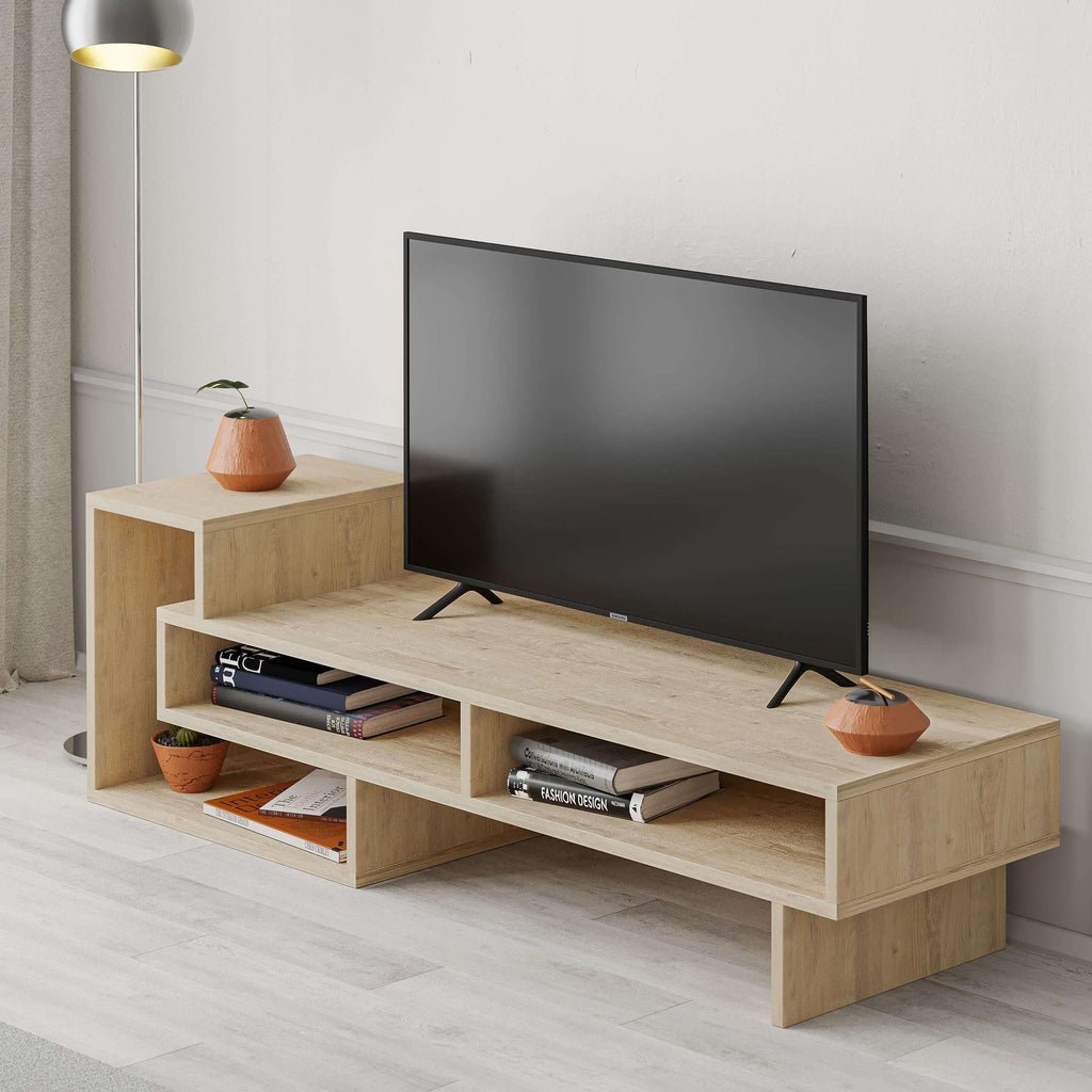 Light wood TV console with side cubbies and center open shelf, supporting a flat TV