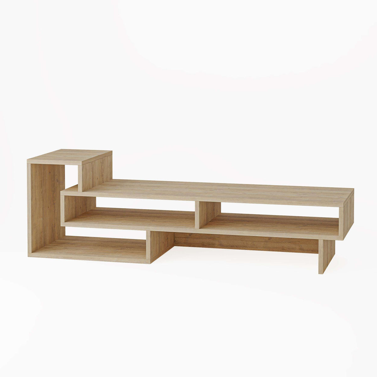 Oak wood TV stand with open shelves and central media shelf, modern geometric design
