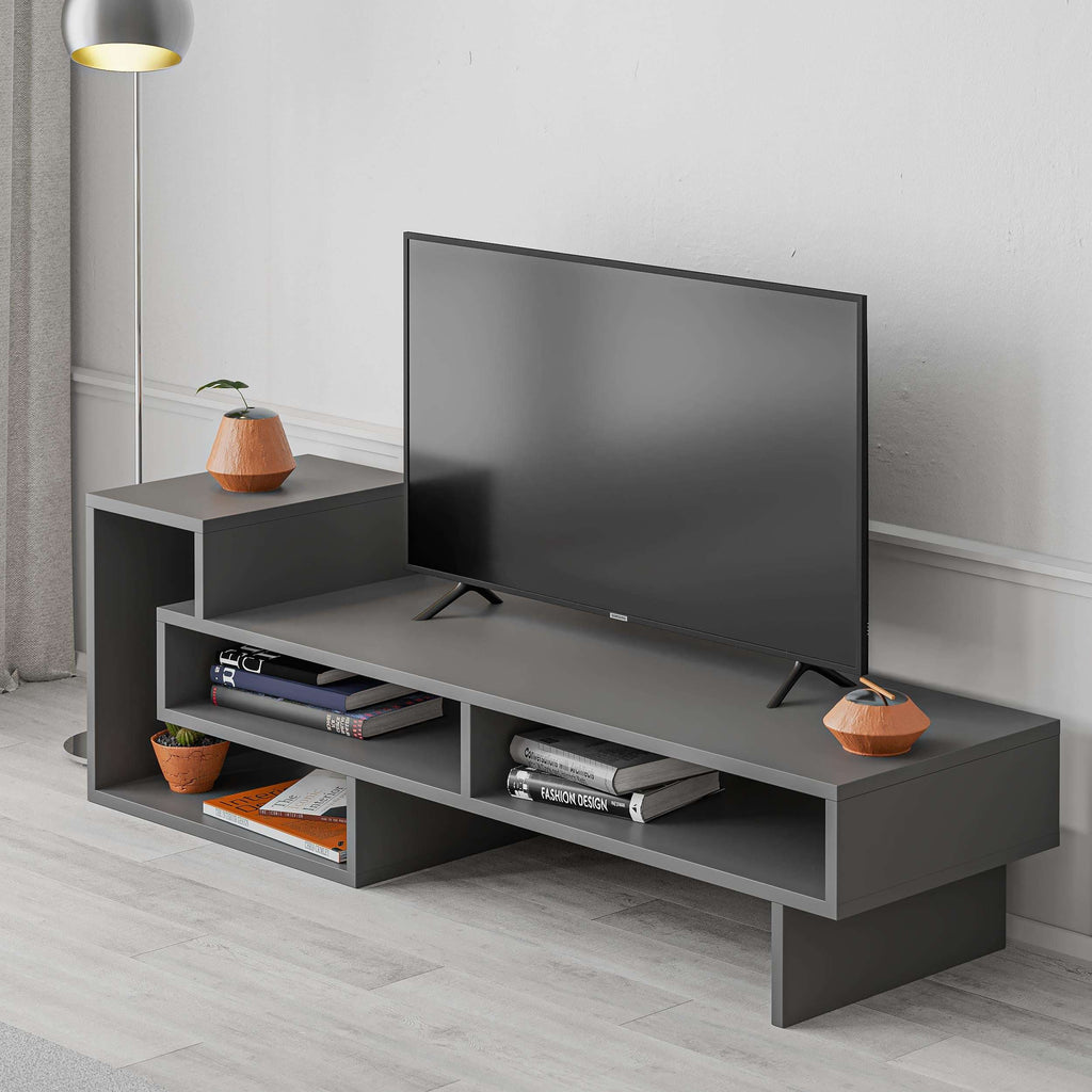 Anthracite TV console with open cubbies and long media top for flat-screen TV