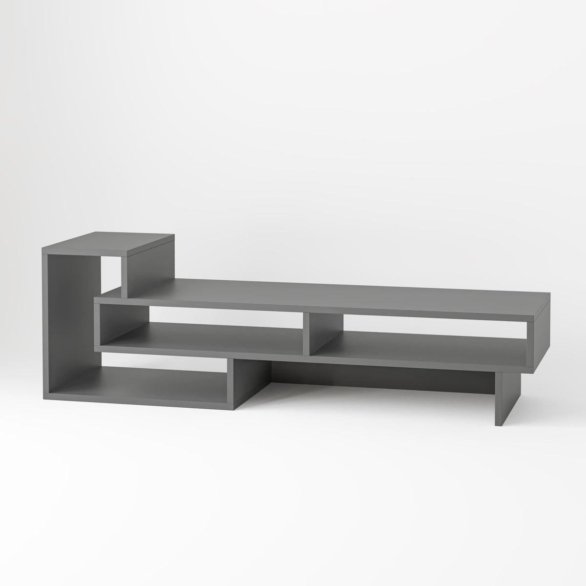Retro grey TV stand with open cubby shelves and long top, minimal modern design
