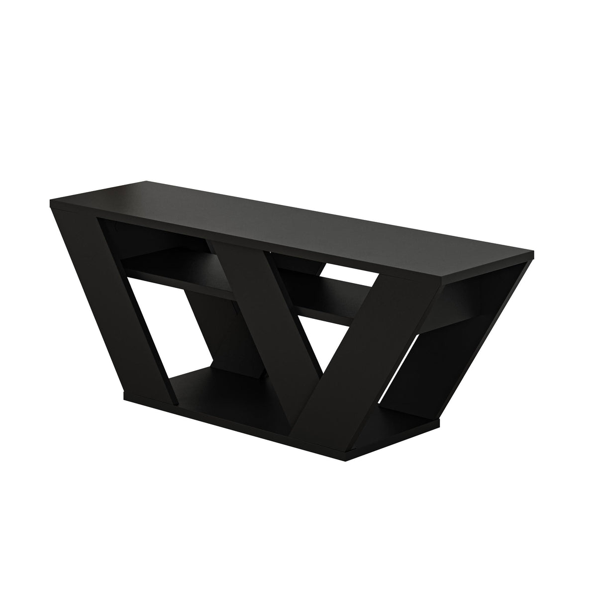 Modern black TV stand with open V-shaped shelving and wide top surface