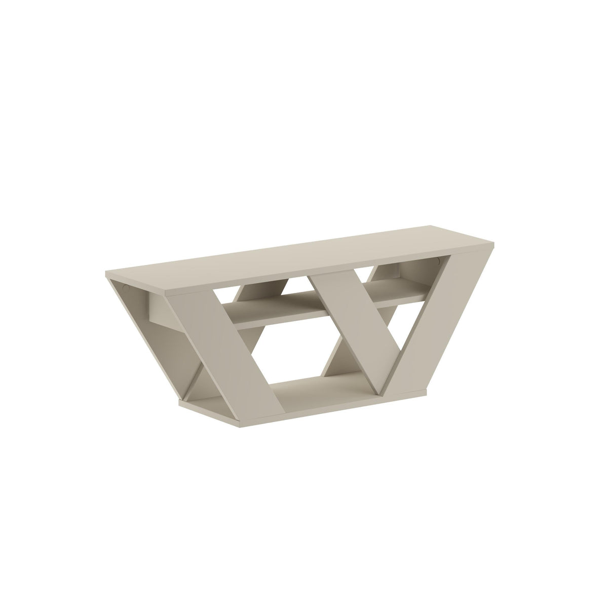 Sandstone open TV stand with geometric trellis side frame and open storage