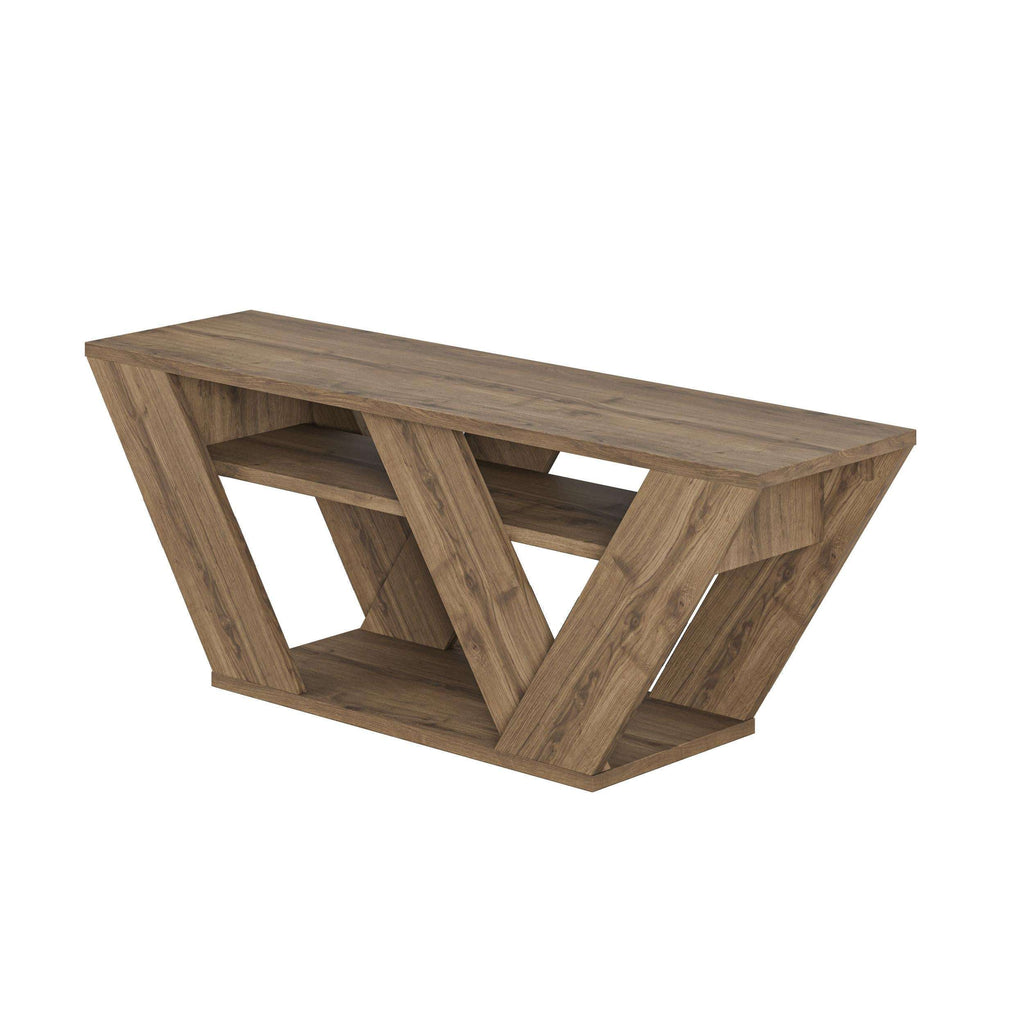 Modern TV stand with open V-shaped shelves, oak-brown woodgrain finish