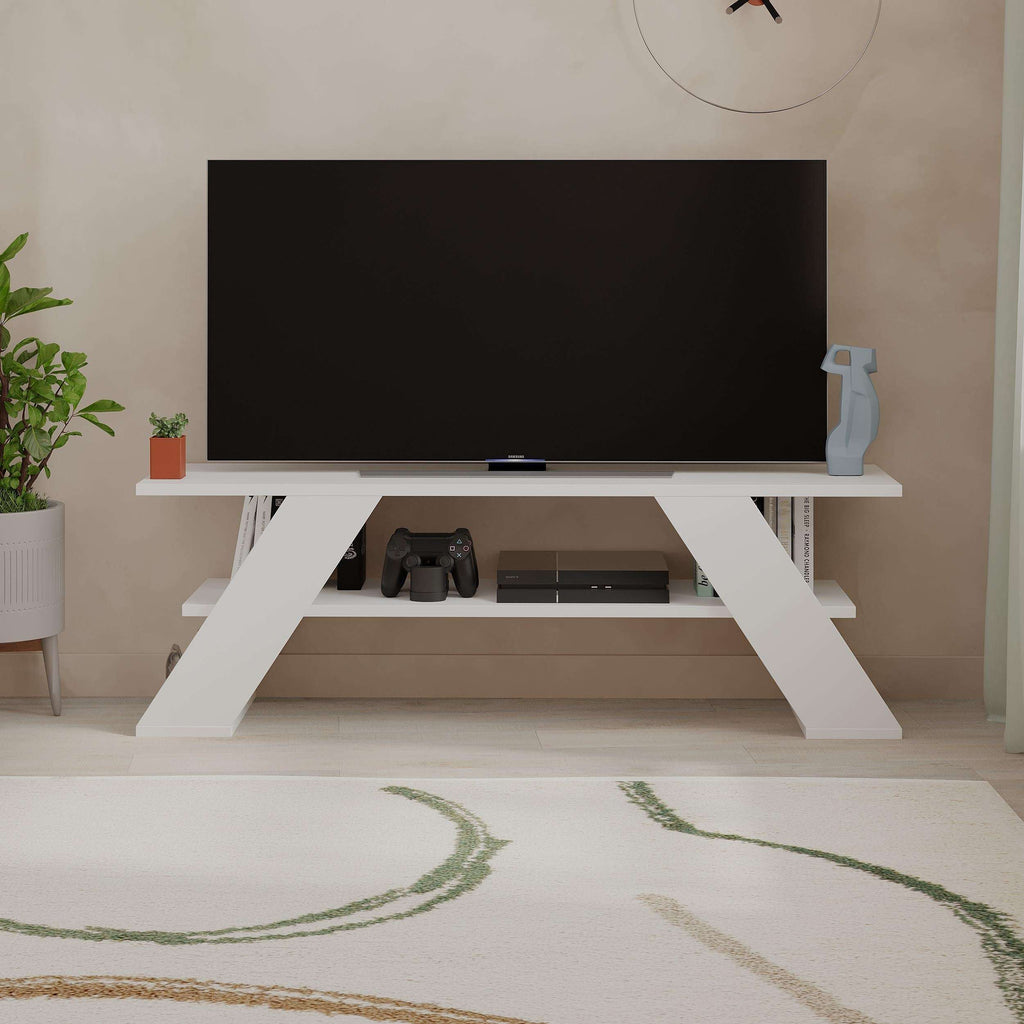 Modern TV stand with shelves, white finish and open storage center for media devices