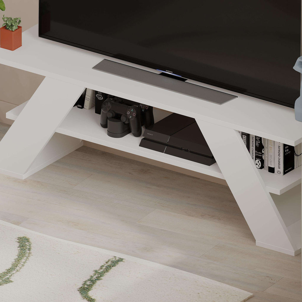 Modern TV stand close-up: white shelves with open media storage compartments