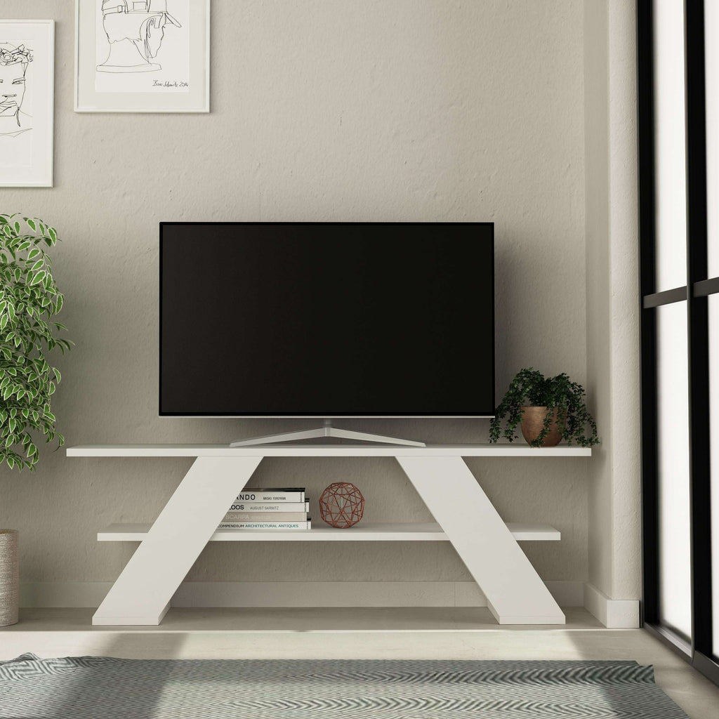 Ancient white modern TV stand with open shelves and two slanted legs