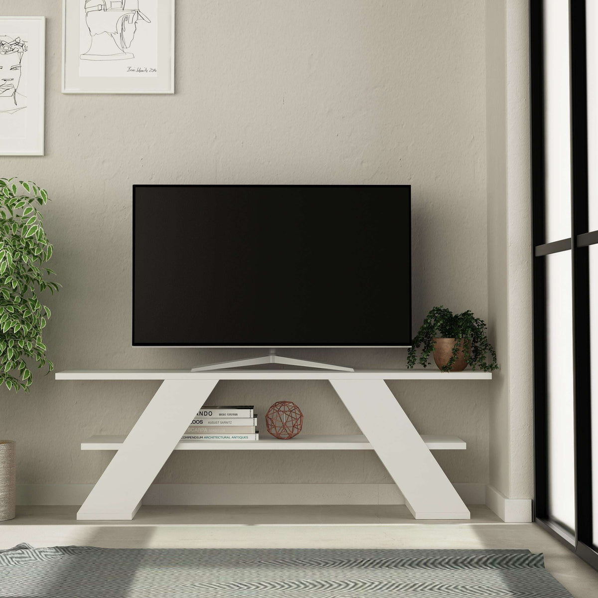 Ancient white modern TV stand with open shelves and two slanted legs