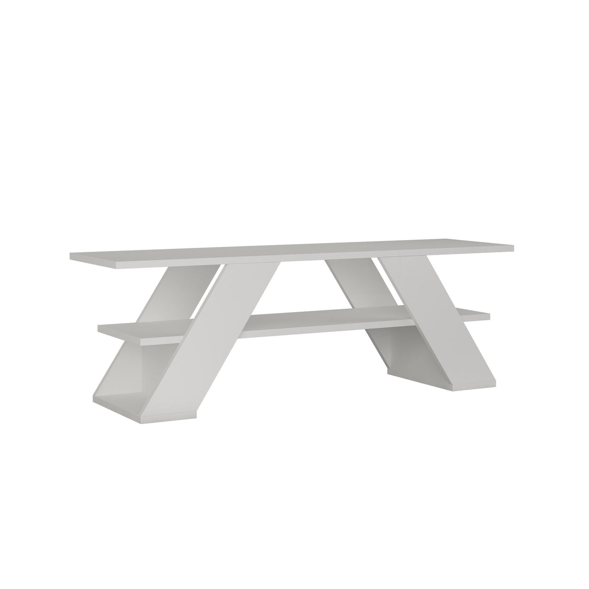 White modern TV stand with shelves and angled base legs, TV console style
