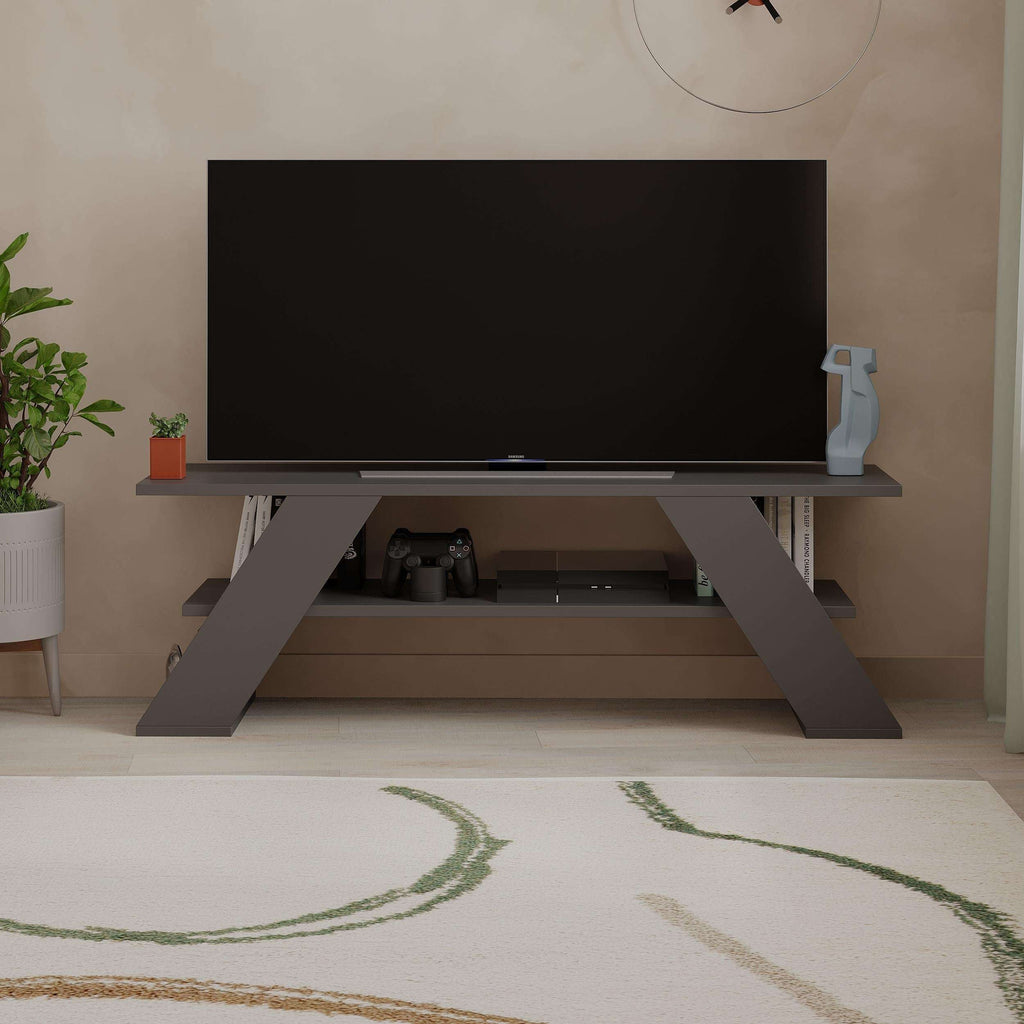 Anthracite modern TV stand with open shelves and angled support legs