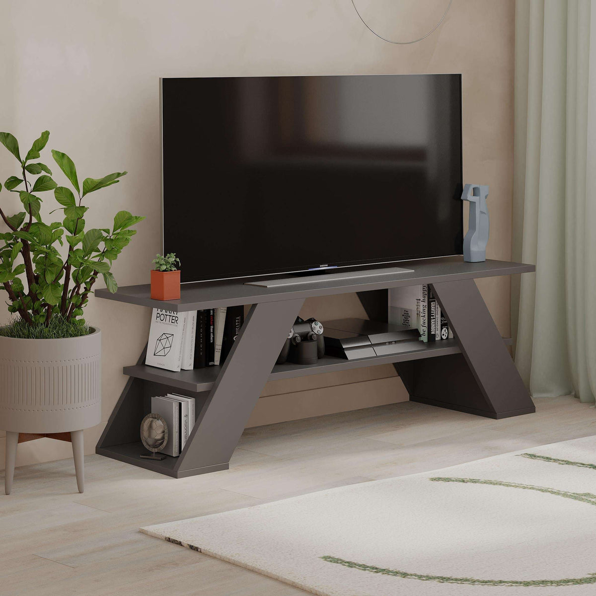 Modern TV stand with shelves, dark grey frame and open storage