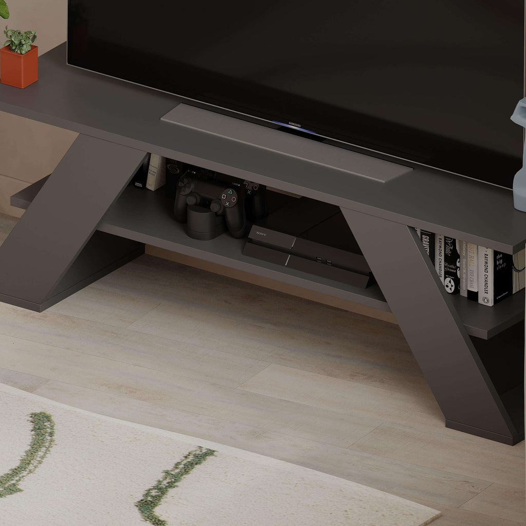 Dark grey TV stand with open shelves and cable-ready media compartment