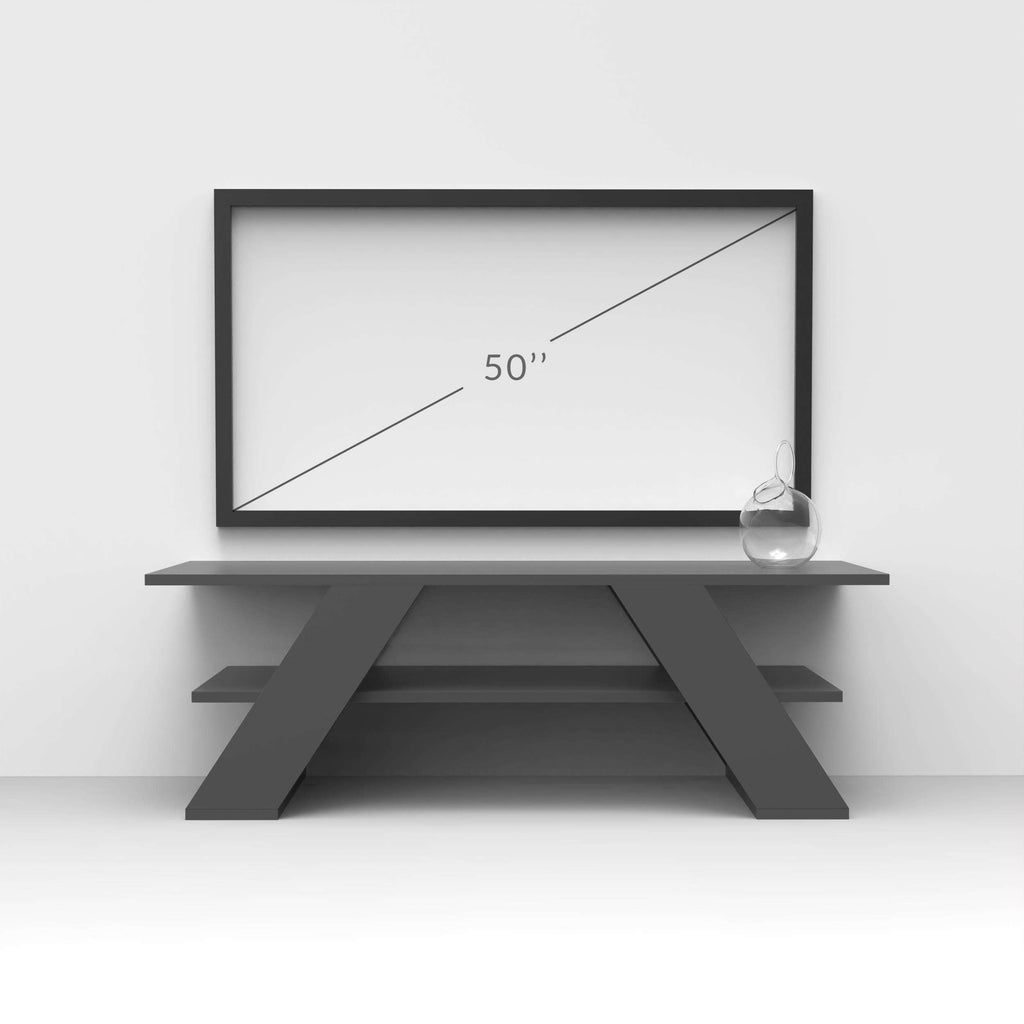 Modern TV stand with open center shelf and angled base legs in dark grey