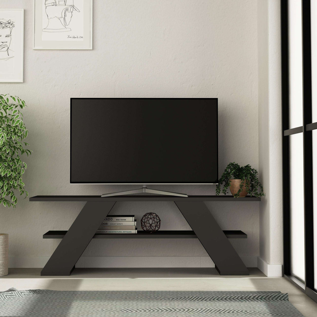 Modern TV stand with shelves, dark grey finish and angled support legs