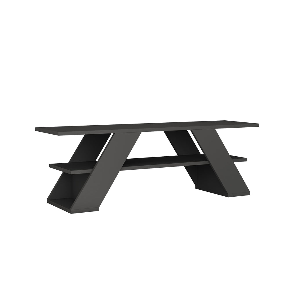 Anthracite modern TV stand with open center shelves and angled legs