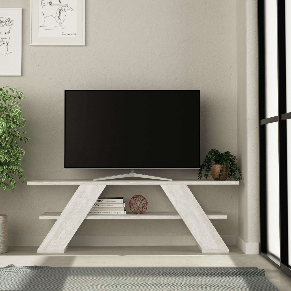 Light wood TV unit with open shelves, two slanted legs, and central support