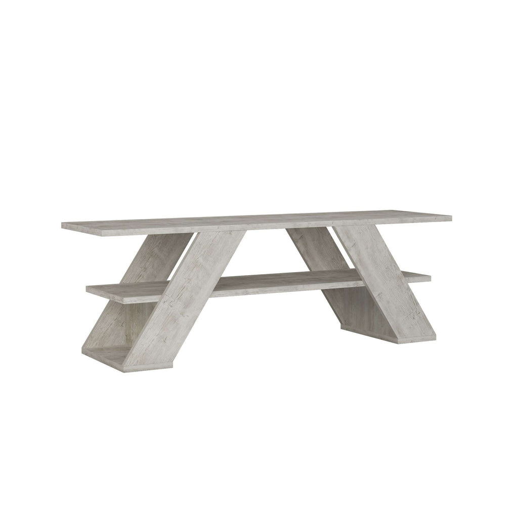 Concrete grey modern TV stand with open shelves and angled cross legs