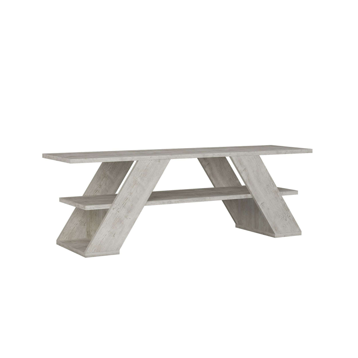 Concrete grey modern TV stand with open shelves and angled cross legs
