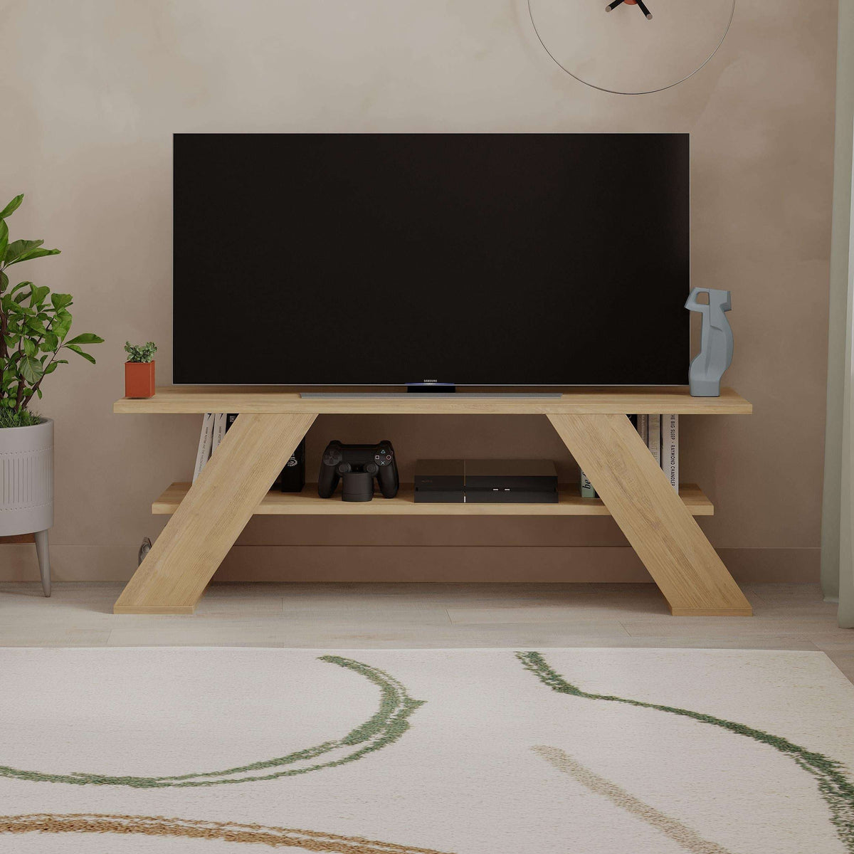 Modern TV stand with open shelves, light oak finish, angled support legs for 120cm TV