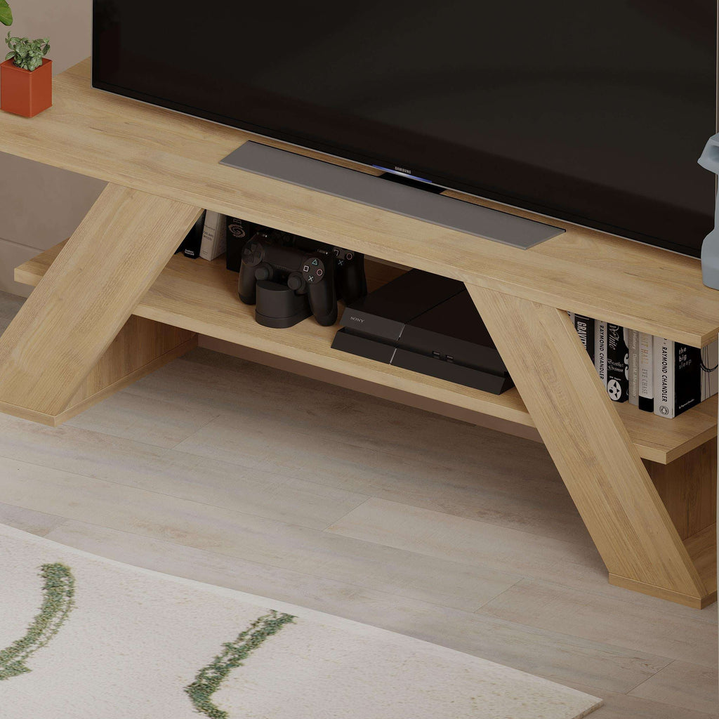 Modern TV stand media compartment on open shelf, light oak finish