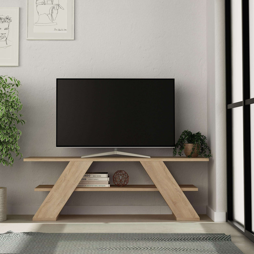Modern TV stand with shelves, light oak finish and open center media shelf