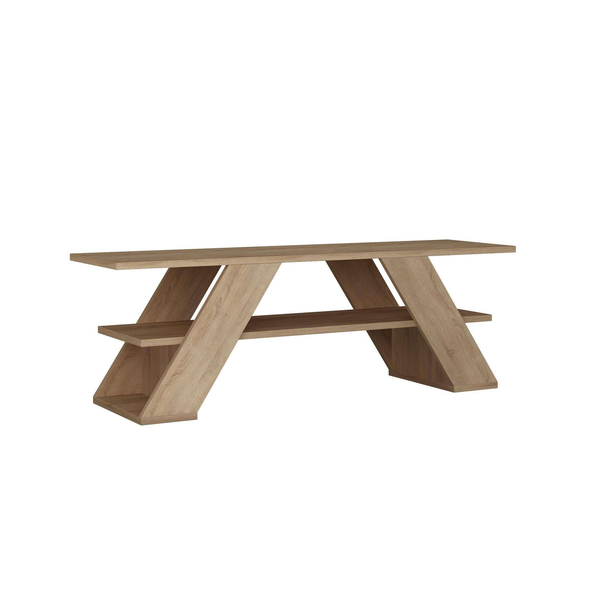 Modern TV stand with shelves, light oak tabletop and angled cross legs
