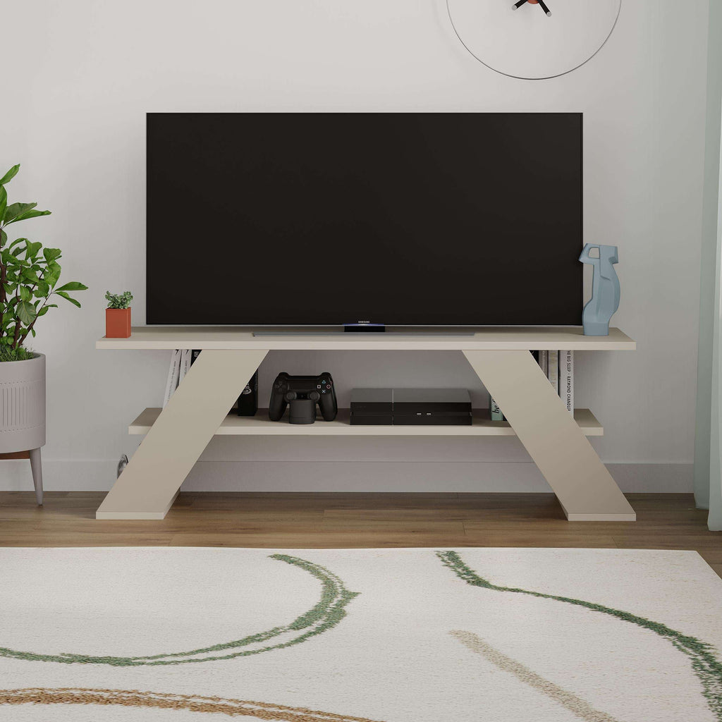Sandstone modern TV stand with open shelves and angled support legs