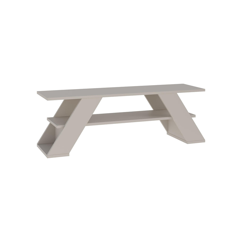 Sandstone modern TV stand with open center shelves and angled legs