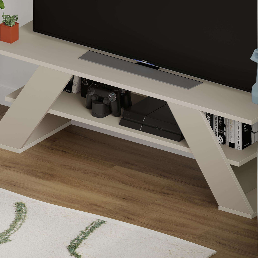 Sandstone modern TV stand with open storage shelves and angled legs