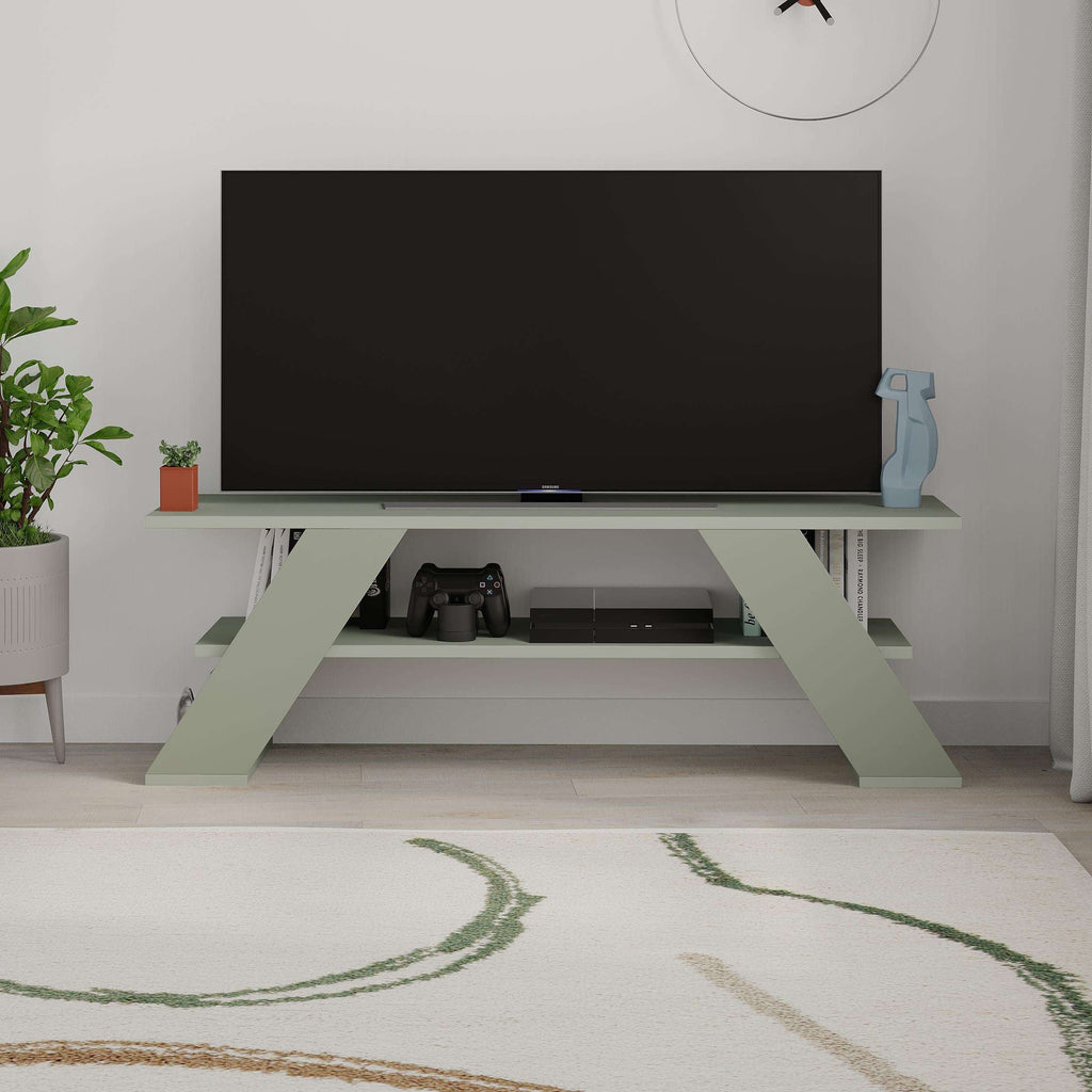 Sandstone modern TV stand with open shelves and angled support legs