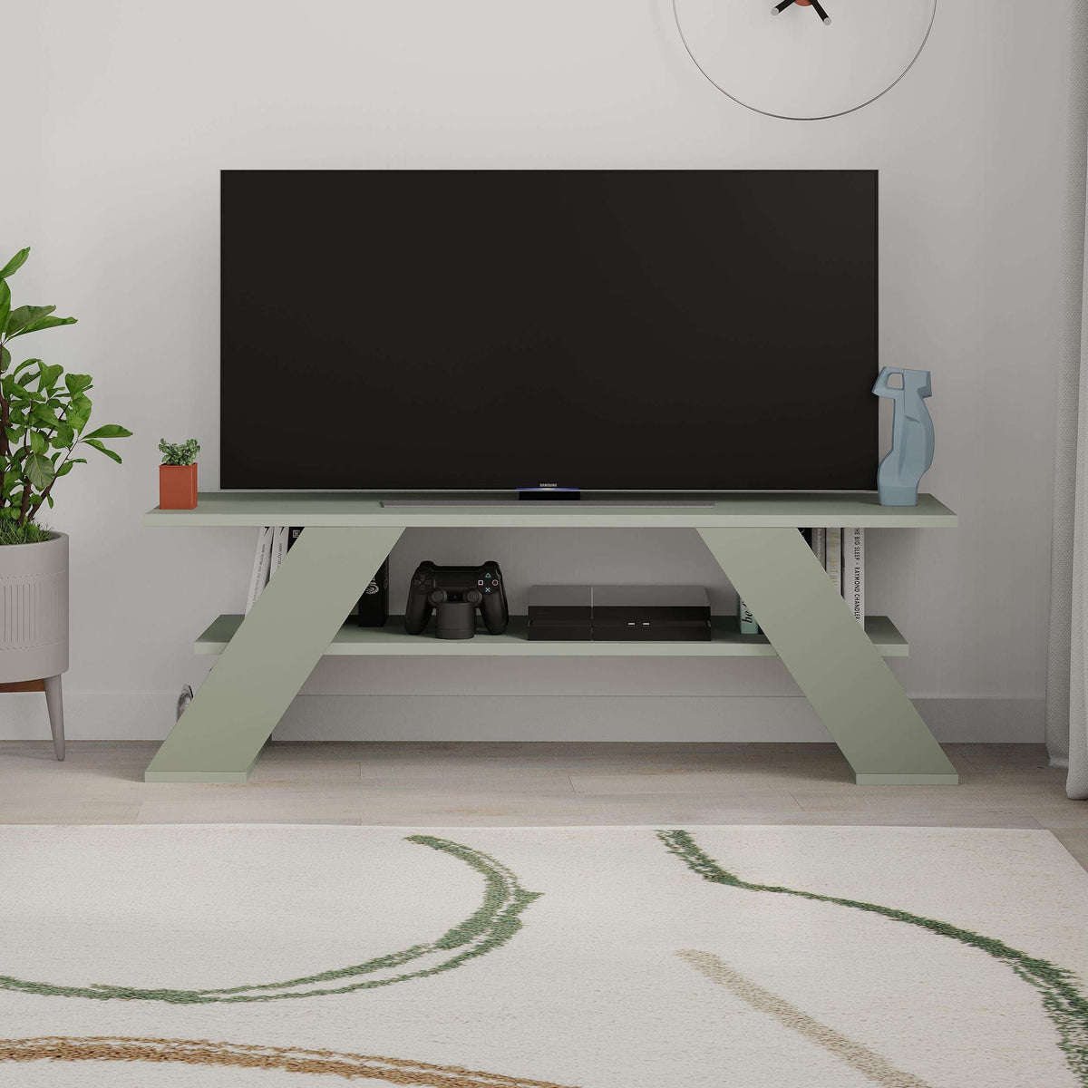 Sandstone modern TV stand with open shelves and angled support legs