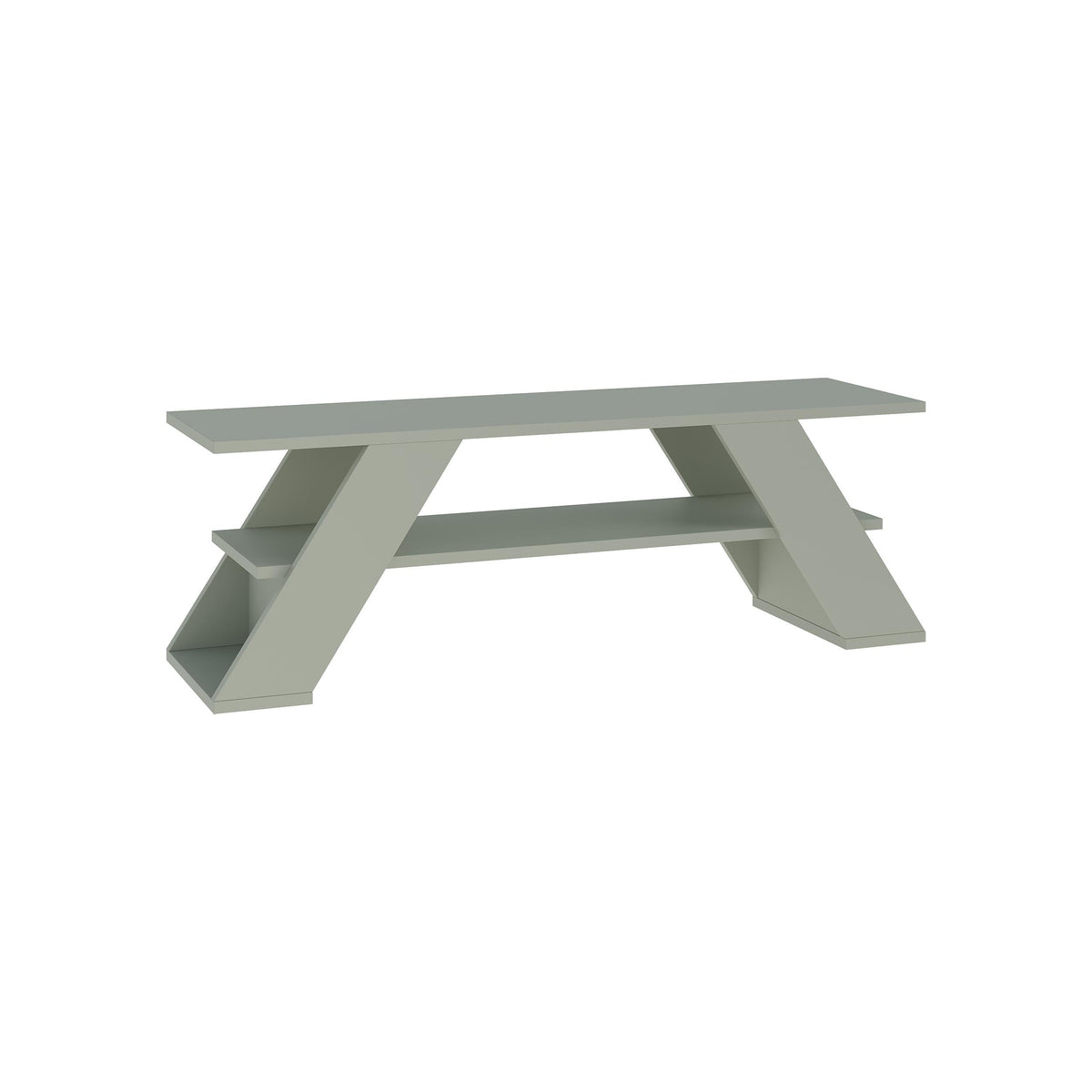 Modern TV stand with open shelves, sage green finish and geometric slanted legs