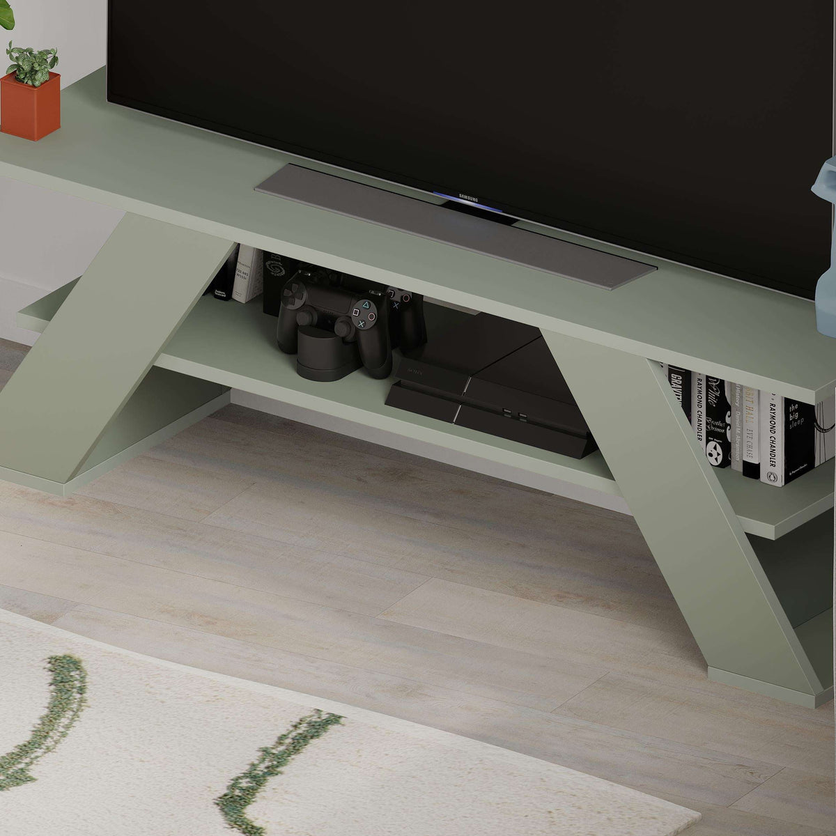 Sandstone modern TV stand with open shelves and angled support legs