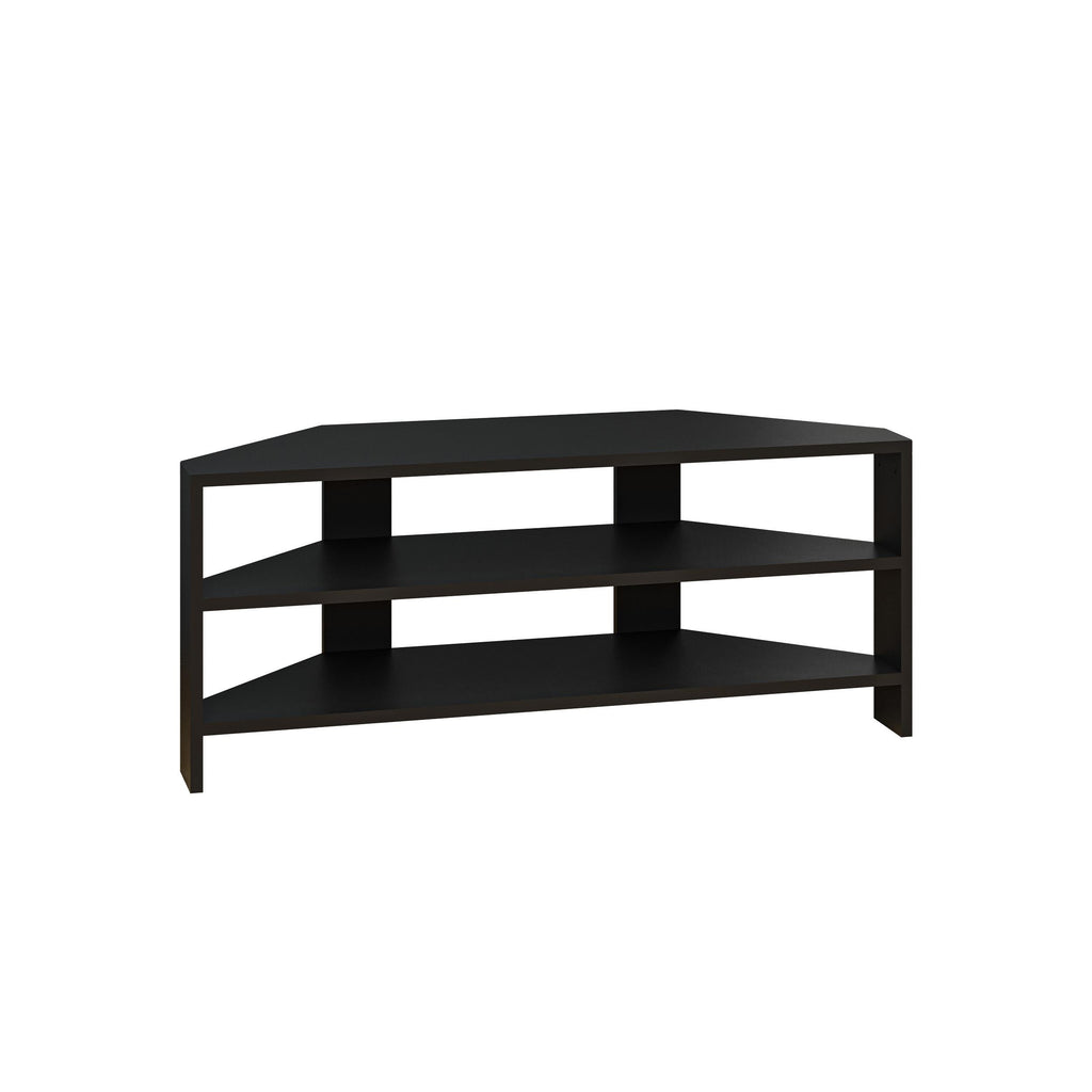 Black TV stand with two open shelves and center divider