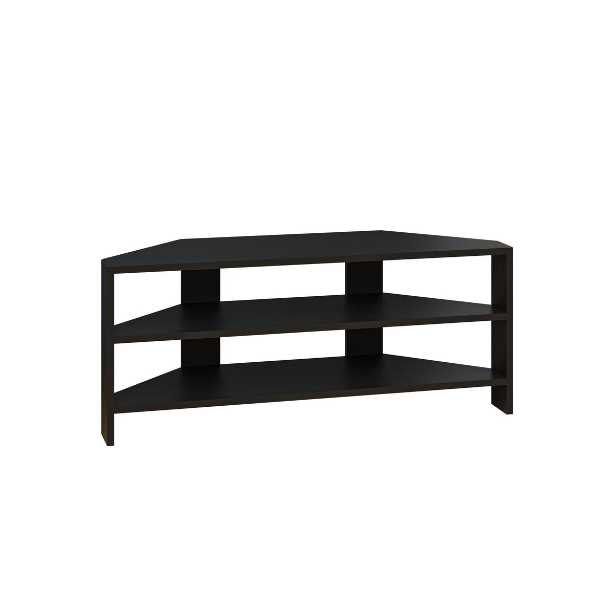 Black TV stand with two open shelves and center divider