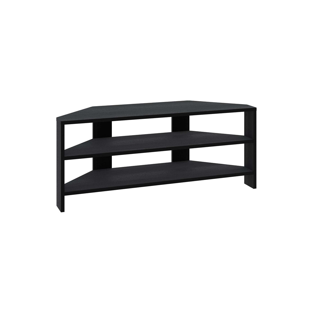 Black corner TV stand with three open shelves and sturdy legs